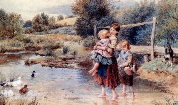 Kinder paddeln in einem Strom viktorianisch Myles Birket Foster Ölgemälde